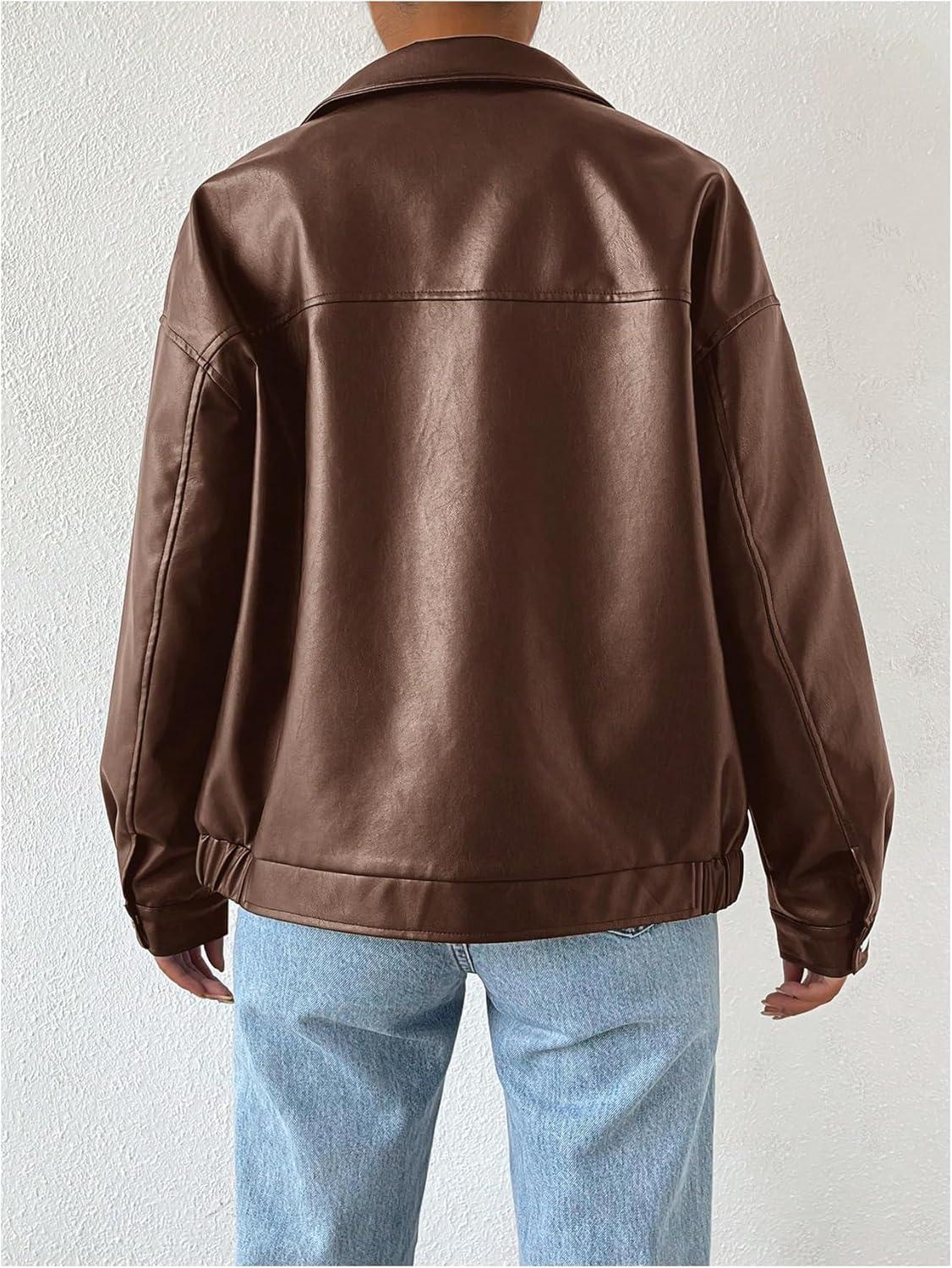 imageMakeMeChic Womens Faux Leather Shacket Long Sleeve Zip Up Motorcycle Jacket Biker CoatBrown