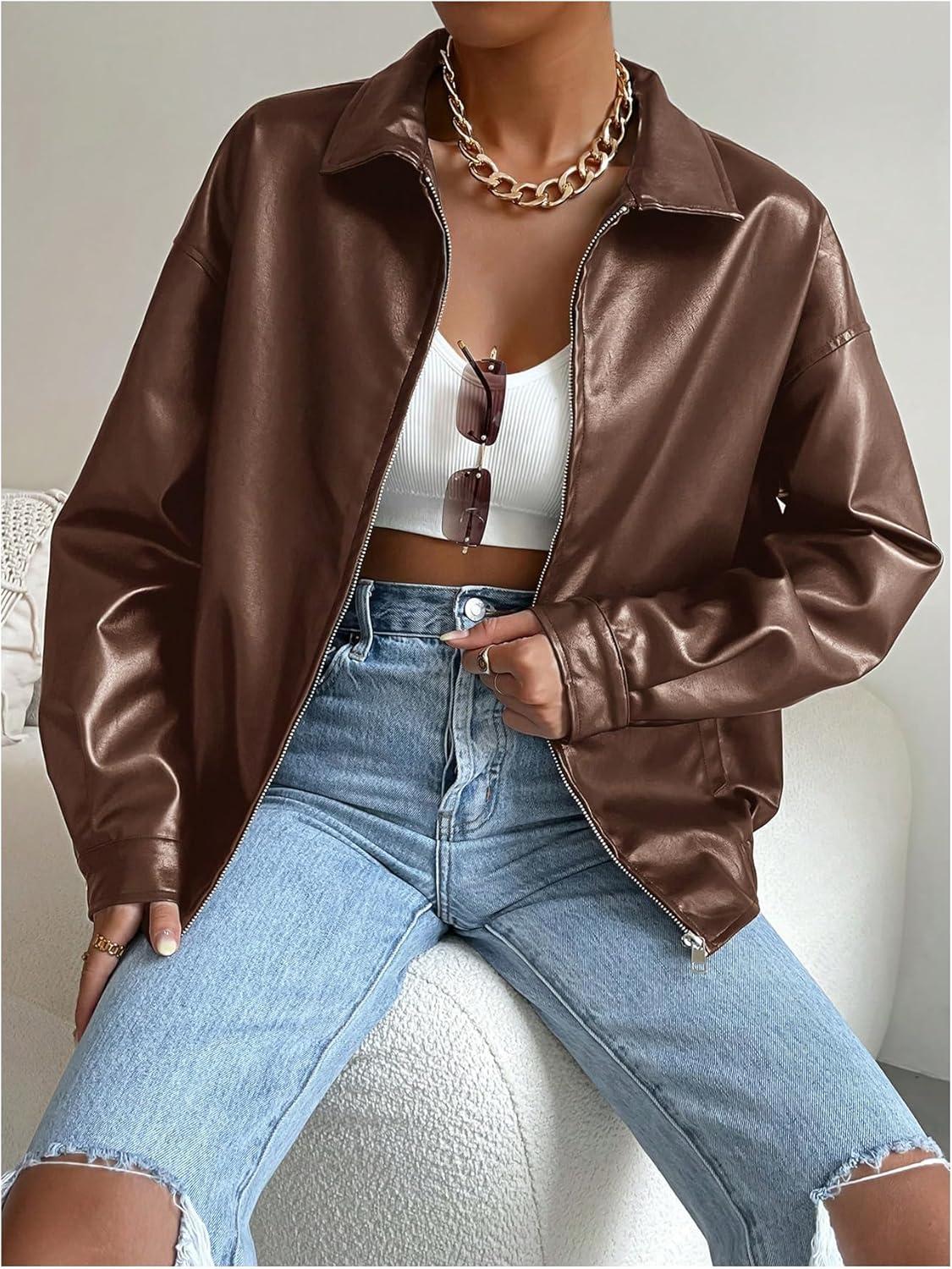 imageMakeMeChic Womens Faux Leather Shacket Long Sleeve Zip Up Motorcycle Jacket Biker CoatBrown