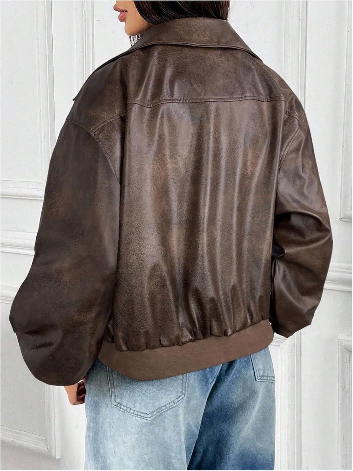 imageMakeMeChic Womens Faux Leather Shacket Long Sleeve Zip Up Motorcycle Jacket Biker CoatBrown a