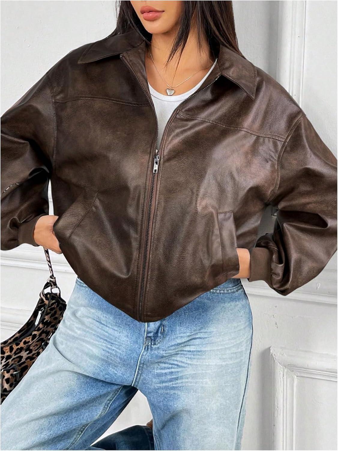 imageMakeMeChic Womens Faux Leather Shacket Long Sleeve Zip Up Motorcycle Jacket Biker CoatBrown a