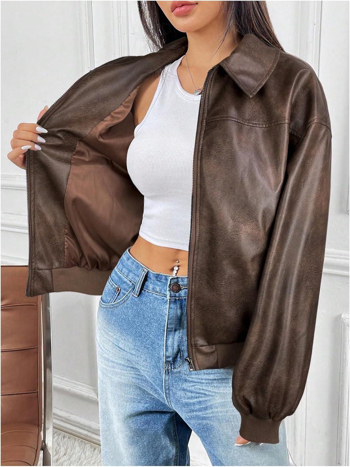 imageMakeMeChic Womens Faux Leather Shacket Long Sleeve Zip Up Motorcycle Jacket Biker CoatBrown a