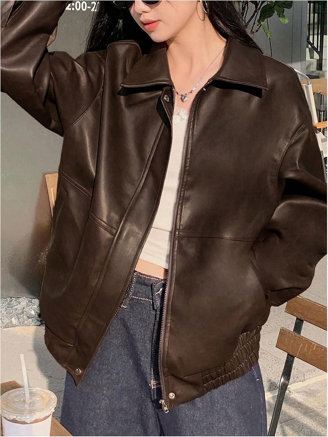imageMakeMeChic Womens Faux Leather Shacket Long Sleeve Zip Up Motorcycle Jacket Biker CoatCoffee Brown