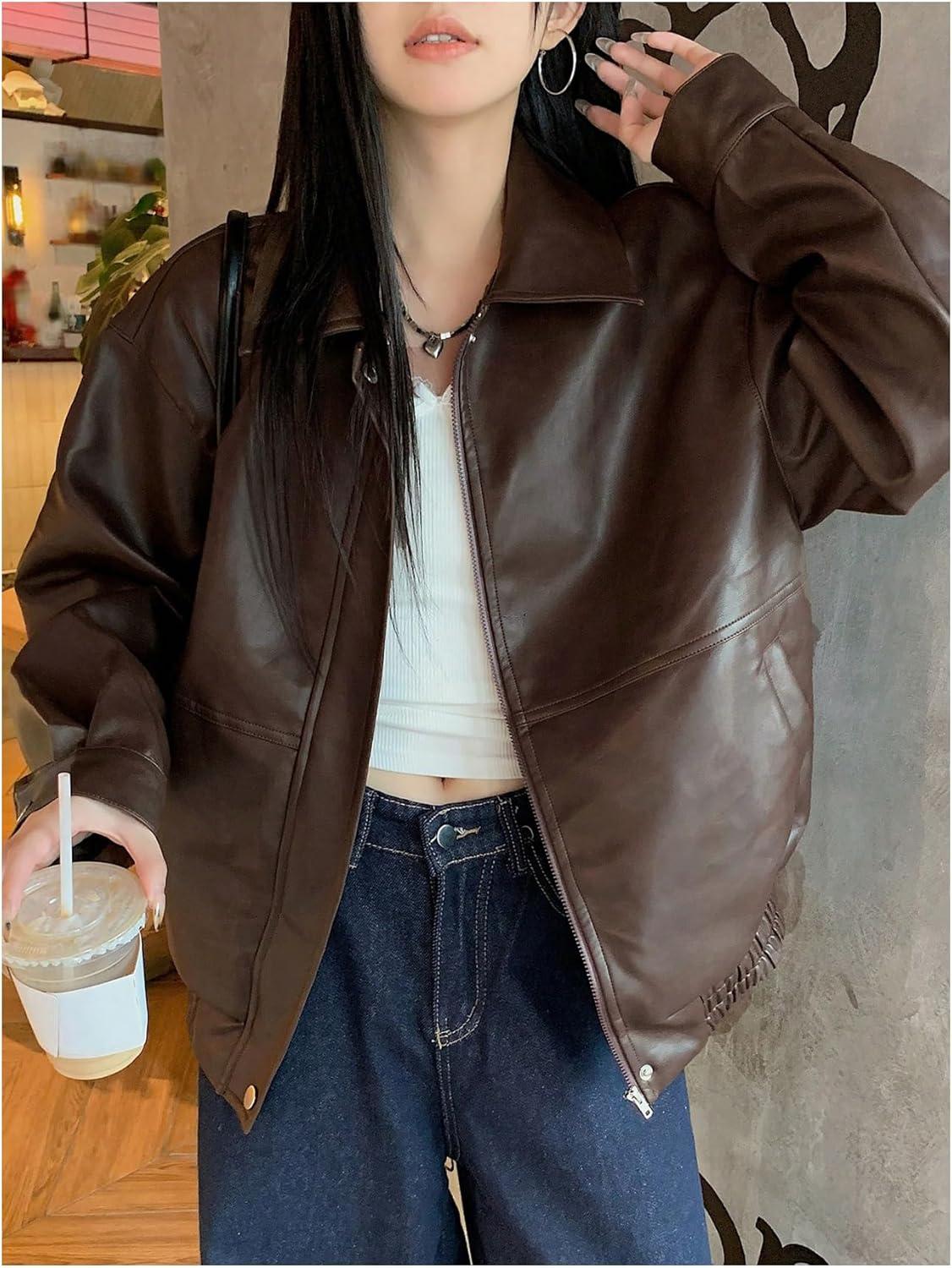 imageMakeMeChic Womens Faux Leather Shacket Long Sleeve Zip Up Motorcycle Jacket Biker CoatCoffee Brown