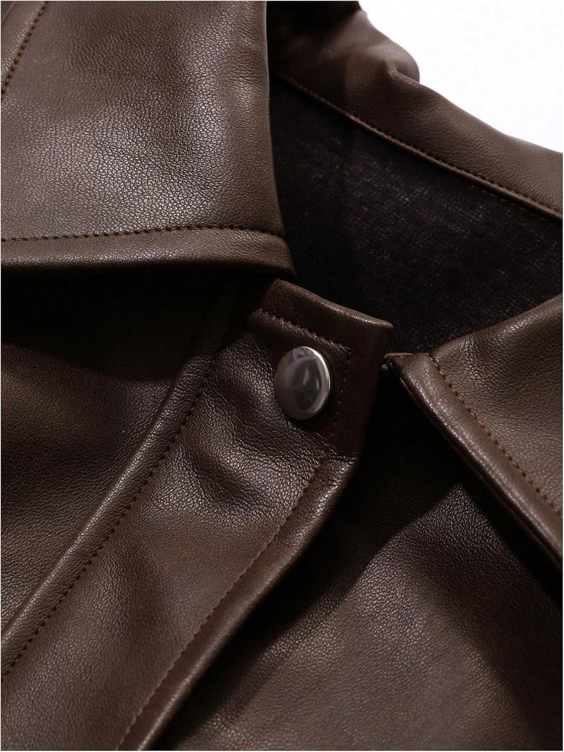 imageMakeMeChic Womens Faux Leather Shacket Long Sleeve Zip Up Motorcycle Jacket Biker CoatCoffee Brown