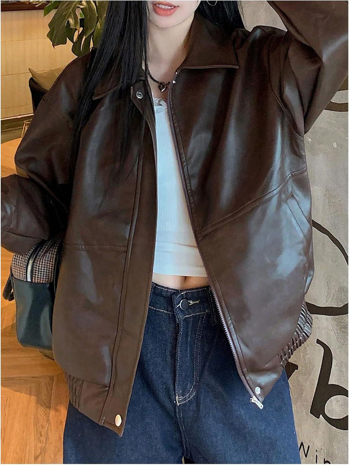 imageMakeMeChic Womens Faux Leather Shacket Long Sleeve Zip Up Motorcycle Jacket Biker CoatCoffee Brown
