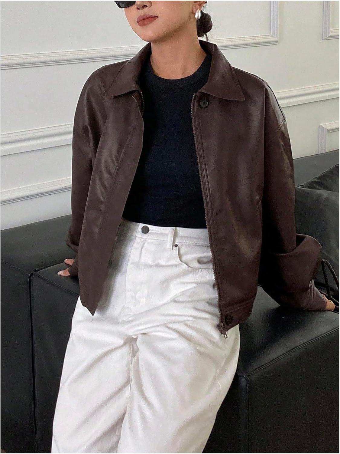 imageMakeMeChic Womens Faux Leather Shacket Long Sleeve Zip Up Motorcycle Jacket Biker CoatDark Brown