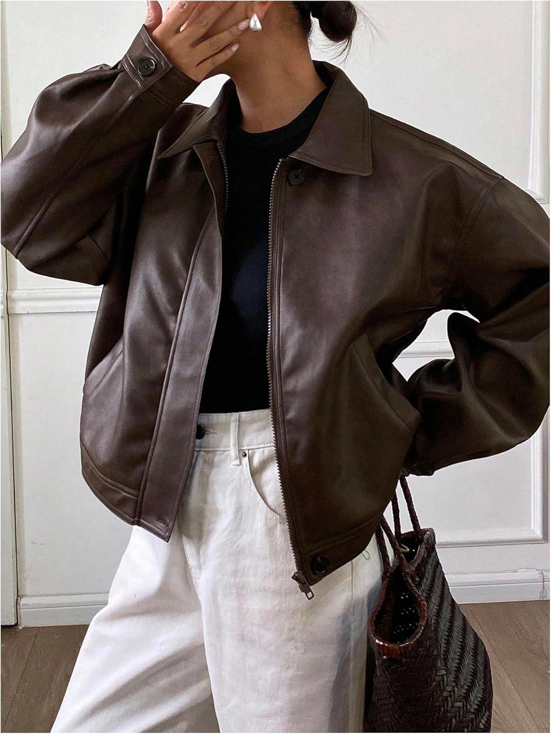 imageMakeMeChic Womens Faux Leather Shacket Long Sleeve Zip Up Motorcycle Jacket Biker CoatDark Brown