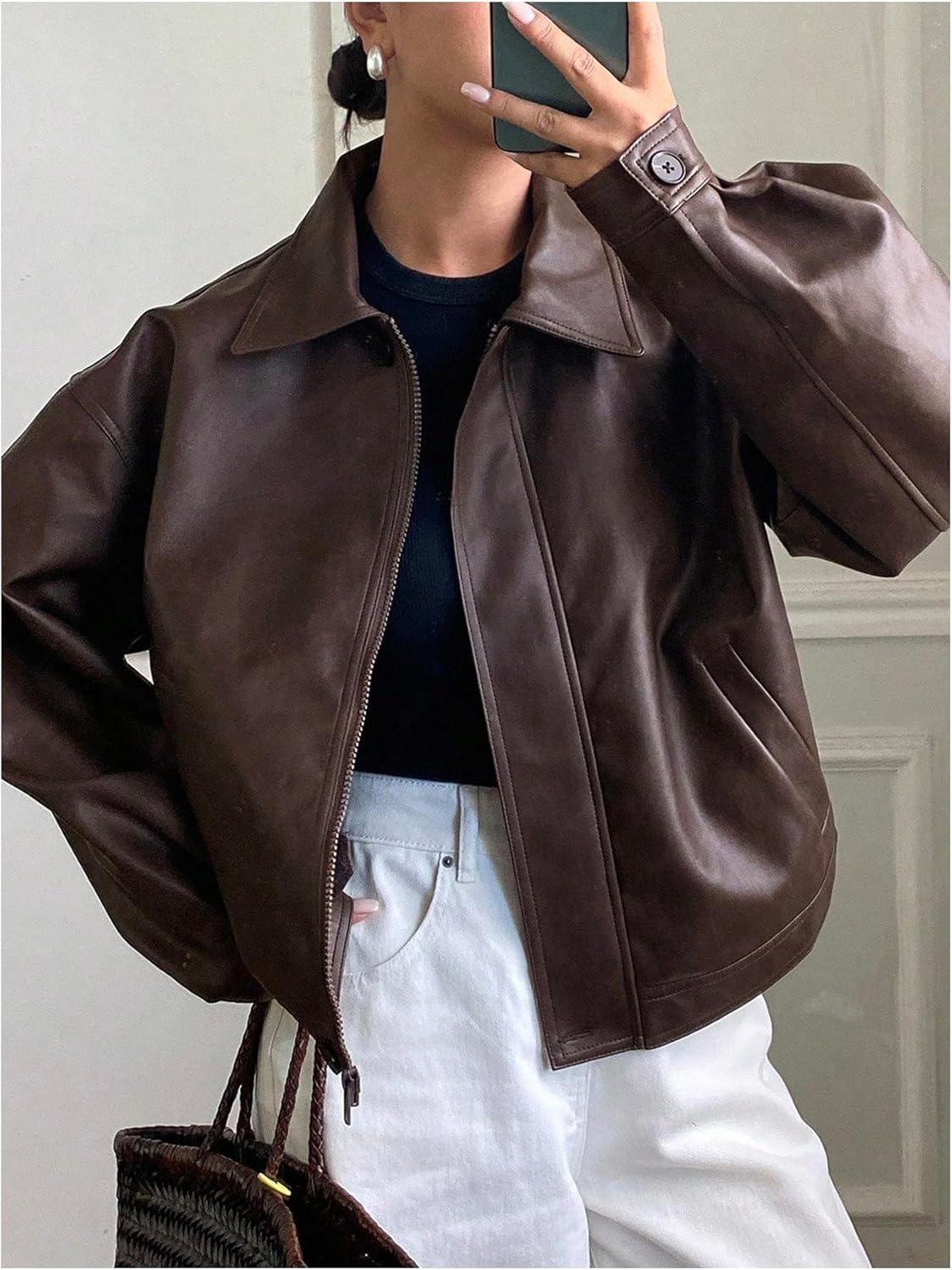 imageMakeMeChic Womens Faux Leather Shacket Long Sleeve Zip Up Motorcycle Jacket Biker CoatDark Brown