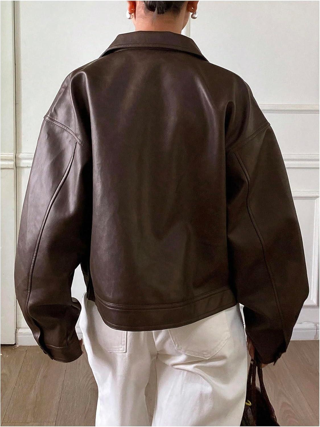 imageMakeMeChic Womens Faux Leather Shacket Long Sleeve Zip Up Motorcycle Jacket Biker CoatDark Brown