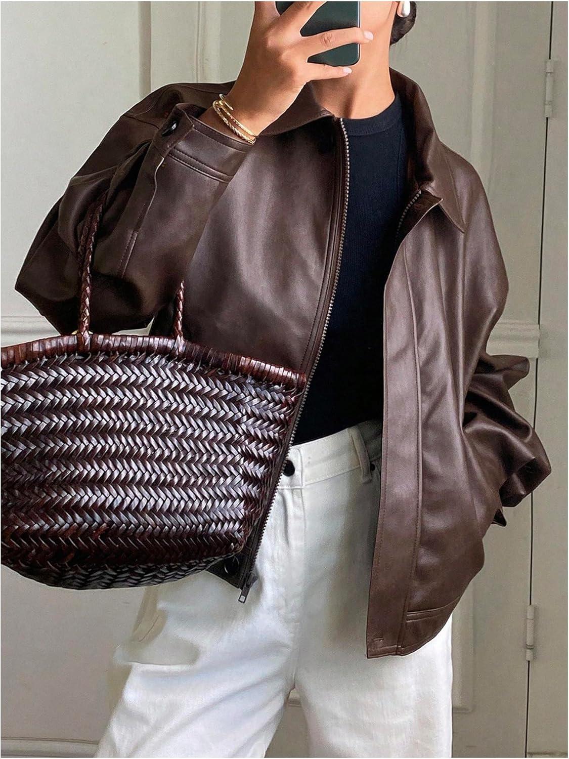 imageMakeMeChic Womens Faux Leather Shacket Long Sleeve Zip Up Motorcycle Jacket Biker CoatDark Brown