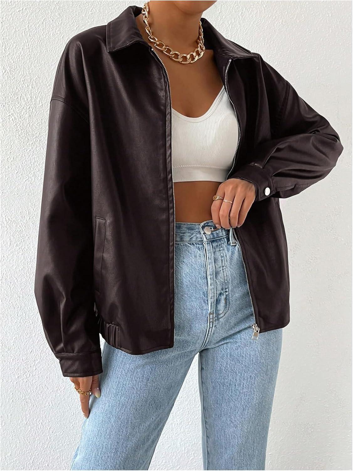 imageMakeMeChic Womens Faux Leather Shacket Long Sleeve Zip Up Motorcycle Jacket Biker CoatMaroon