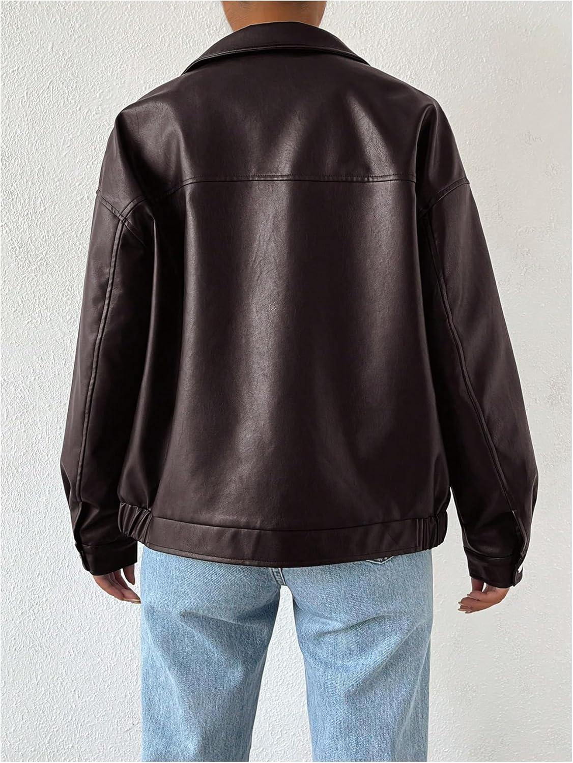 imageMakeMeChic Womens Faux Leather Shacket Long Sleeve Zip Up Motorcycle Jacket Biker CoatMaroon