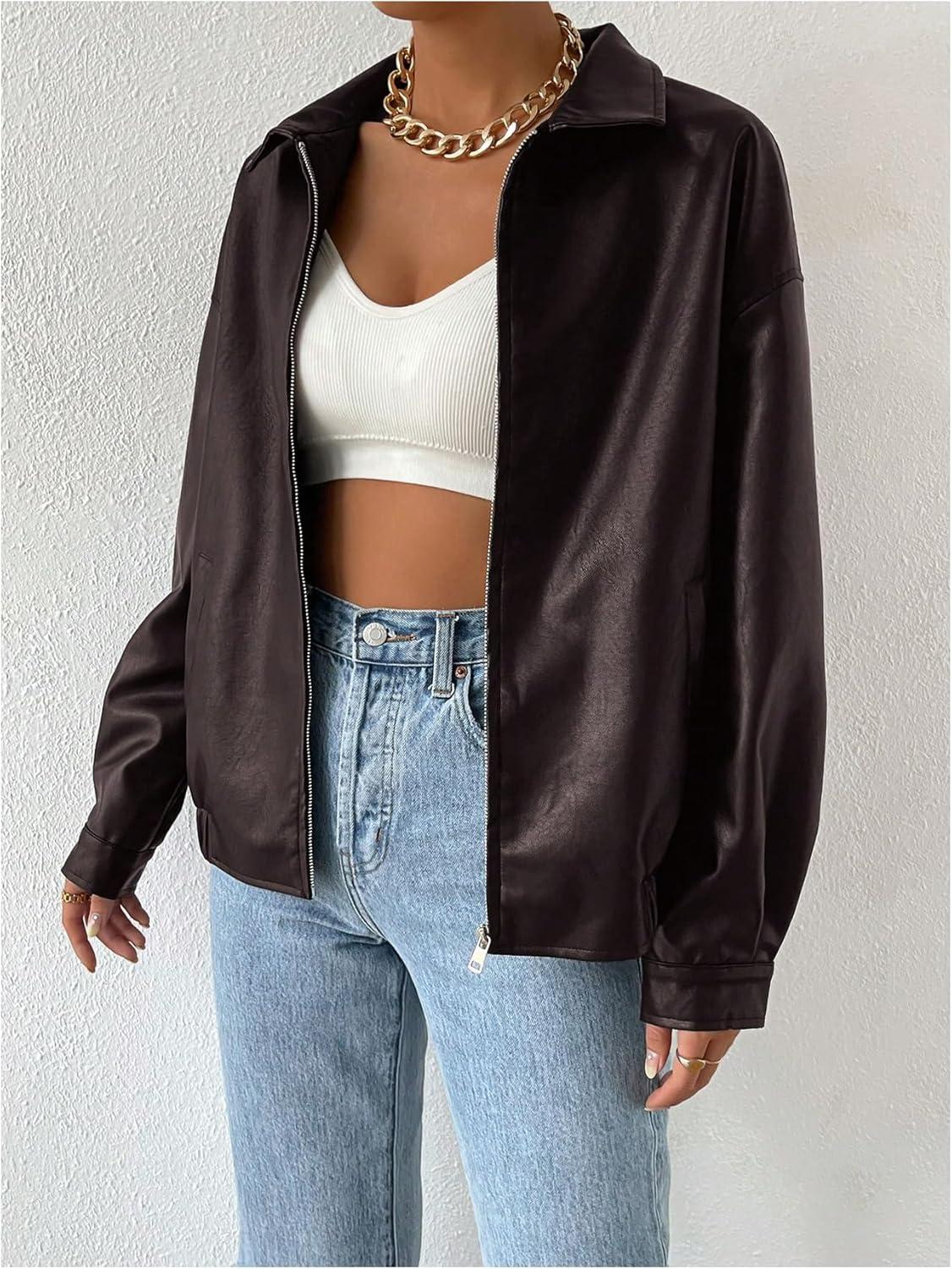 imageMakeMeChic Womens Faux Leather Shacket Long Sleeve Zip Up Motorcycle Jacket Biker CoatMaroon