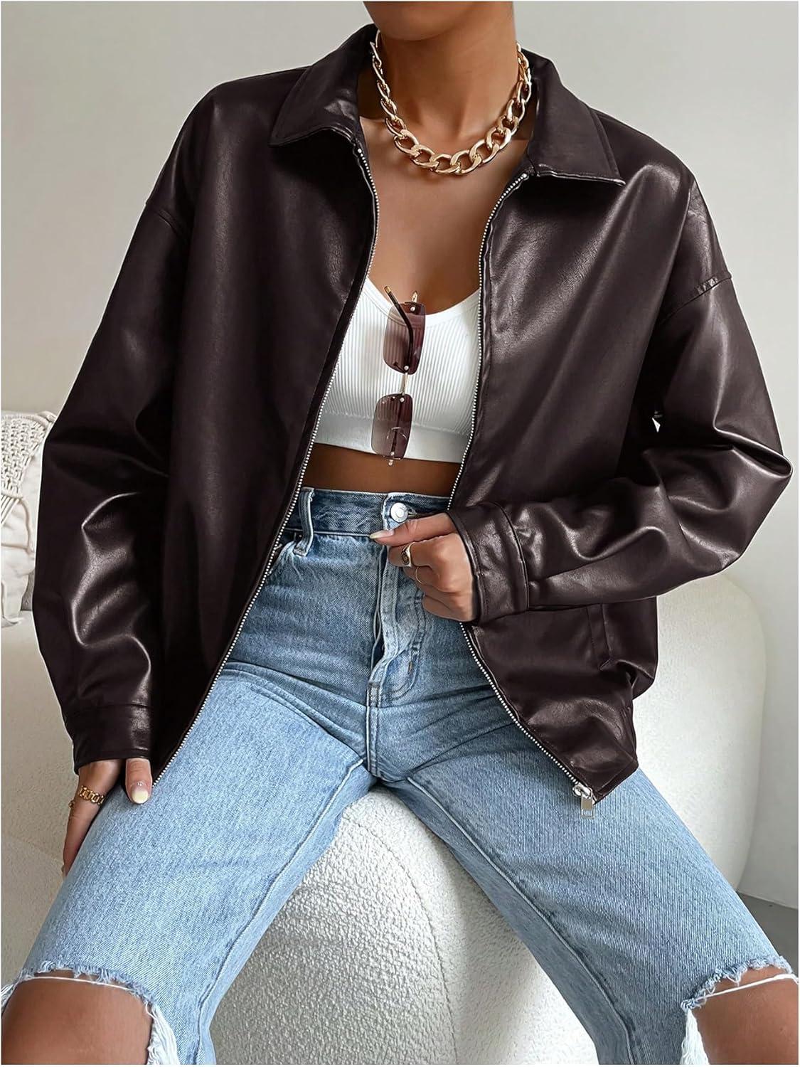 imageMakeMeChic Womens Faux Leather Shacket Long Sleeve Zip Up Motorcycle Jacket Biker CoatMaroon