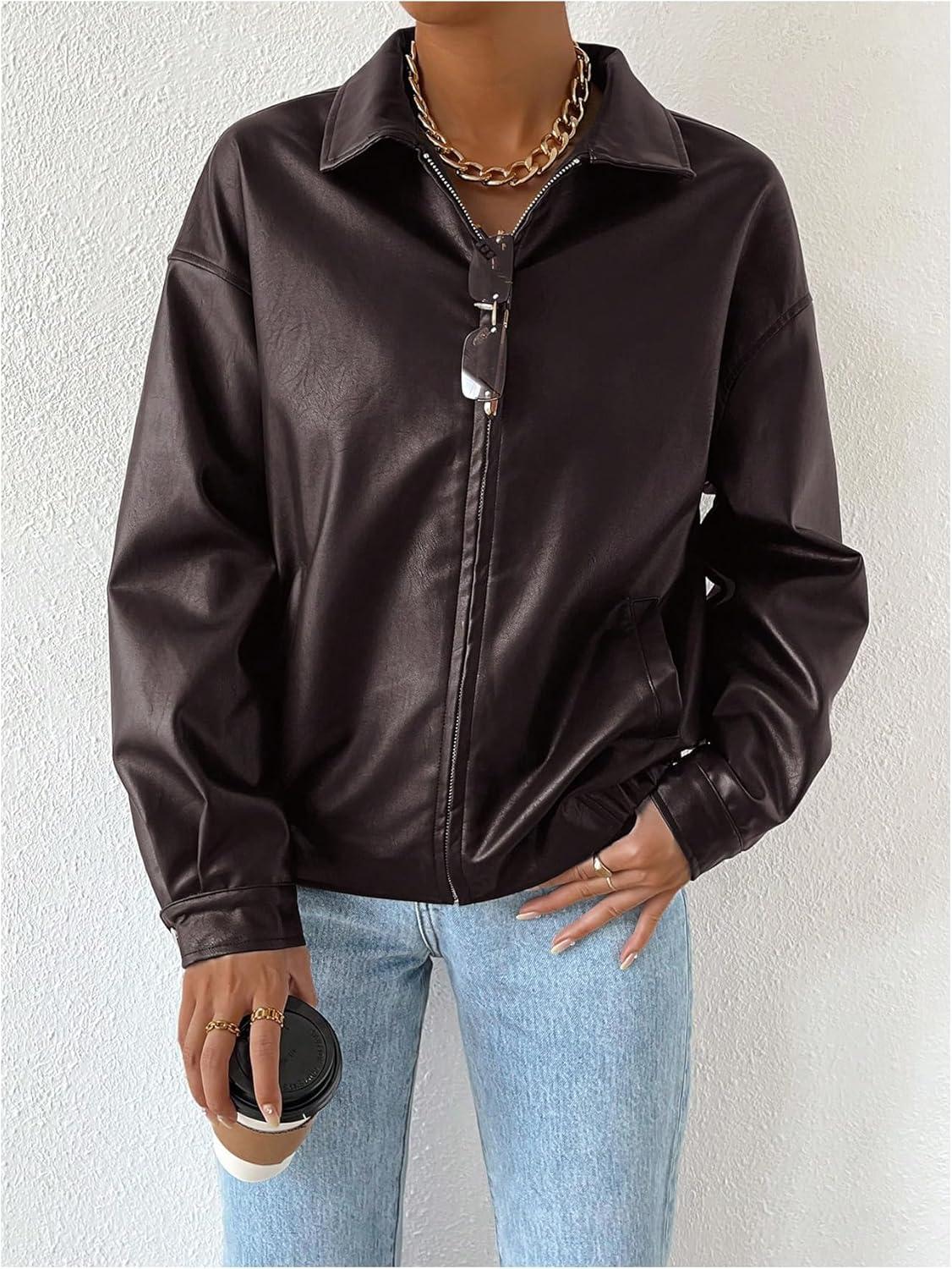 imageMakeMeChic Womens Faux Leather Shacket Long Sleeve Zip Up Motorcycle Jacket Biker CoatMaroon