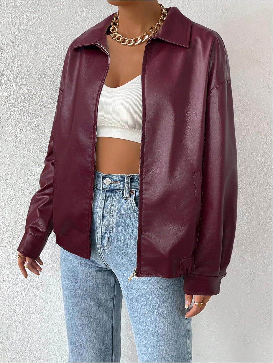 imageMakeMeChic Womens Faux Leather Shacket Long Sleeve Zip Up Motorcycle Jacket Biker CoatRose Red