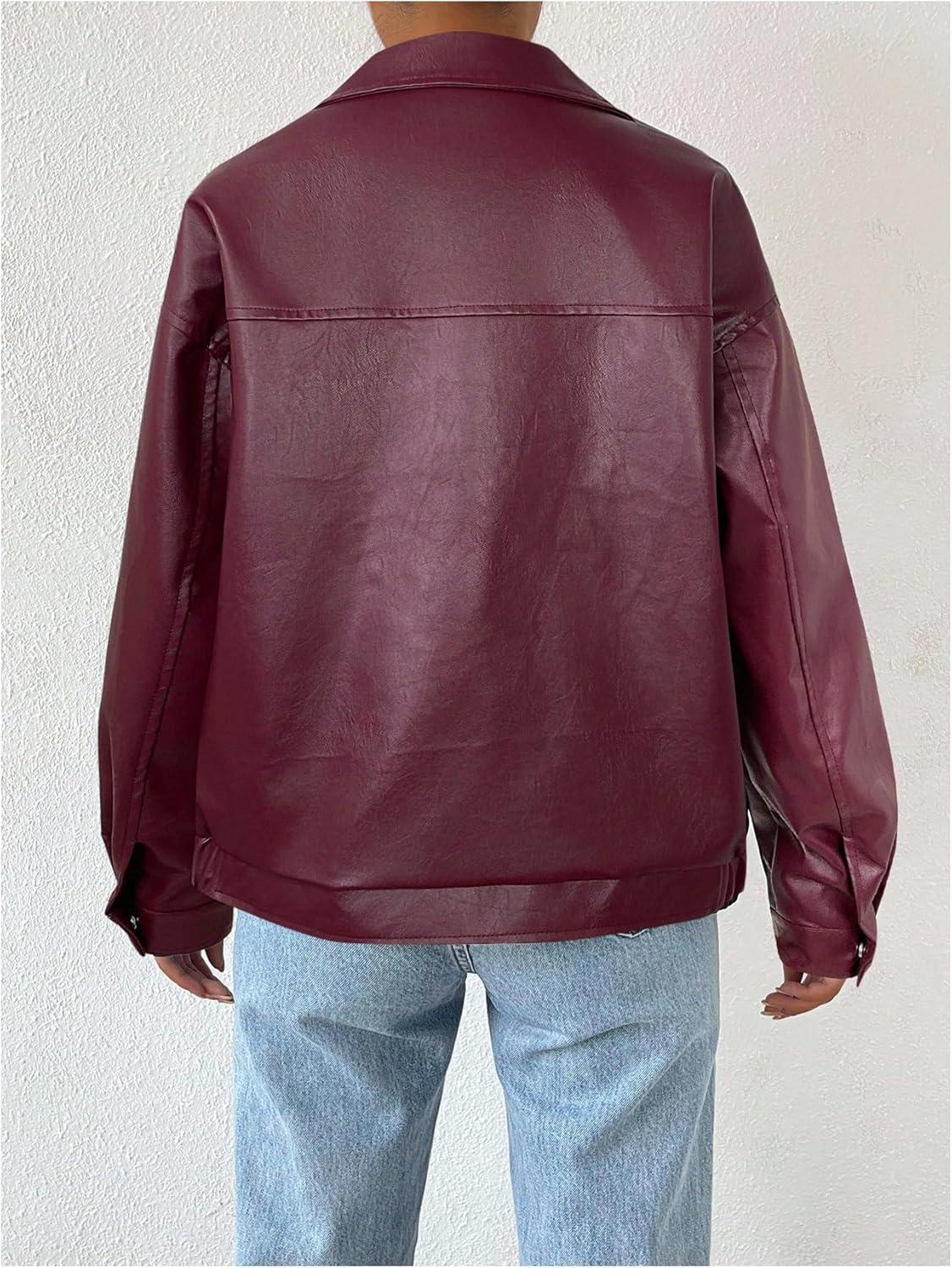 imageMakeMeChic Womens Faux Leather Shacket Long Sleeve Zip Up Motorcycle Jacket Biker CoatRose Red