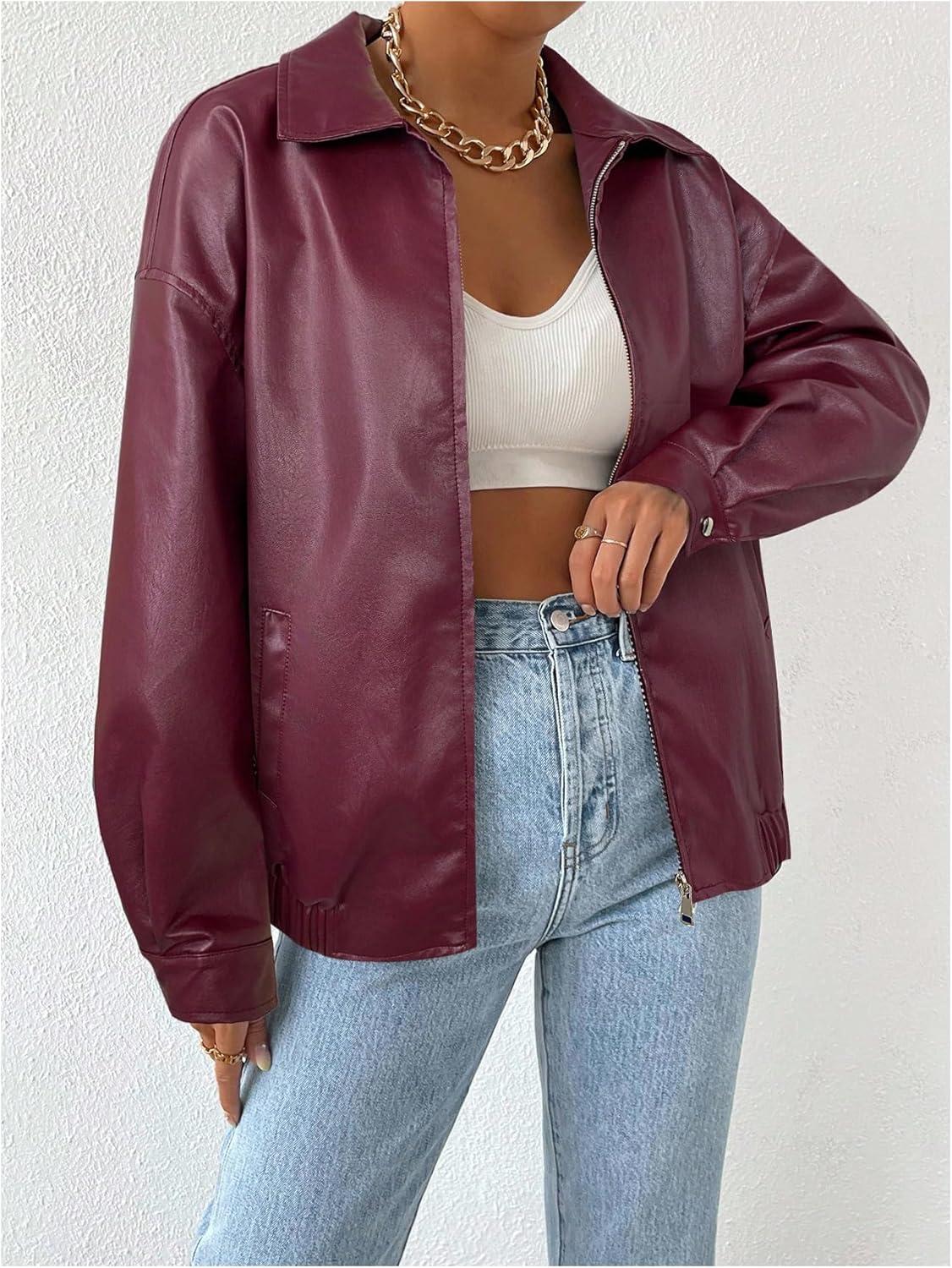 imageMakeMeChic Womens Faux Leather Shacket Long Sleeve Zip Up Motorcycle Jacket Biker CoatRose Red