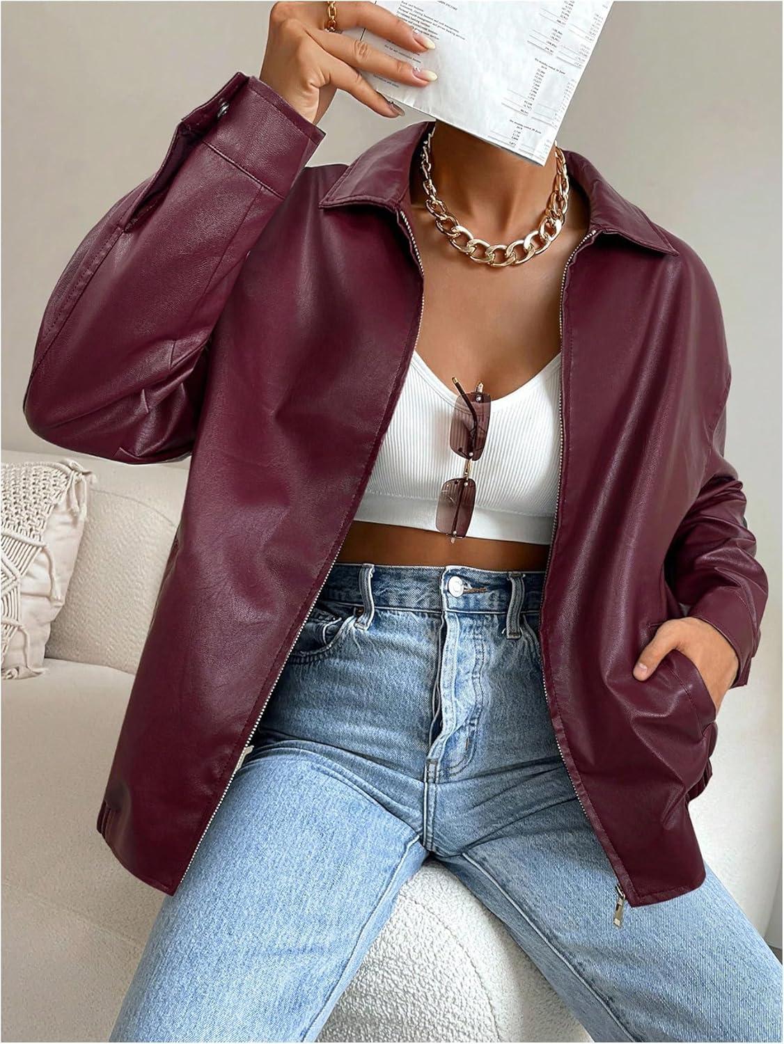 imageMakeMeChic Womens Faux Leather Shacket Long Sleeve Zip Up Motorcycle Jacket Biker CoatRose Red