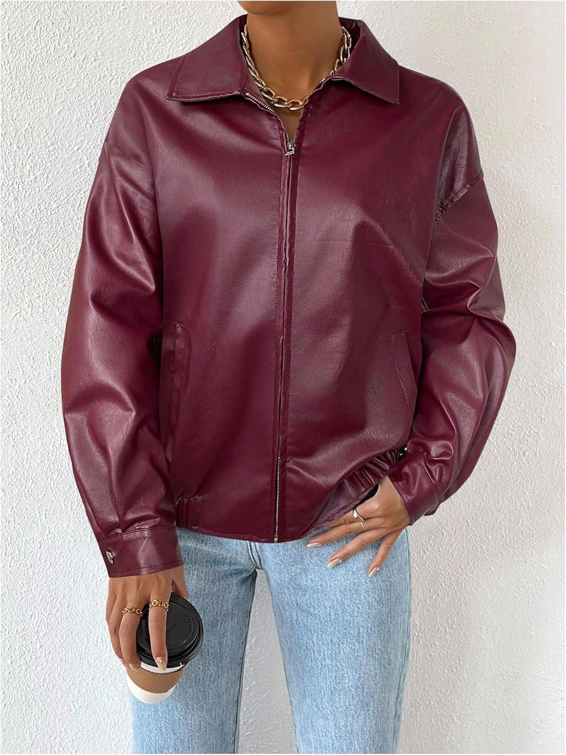 imageMakeMeChic Womens Faux Leather Shacket Long Sleeve Zip Up Motorcycle Jacket Biker CoatRose Red