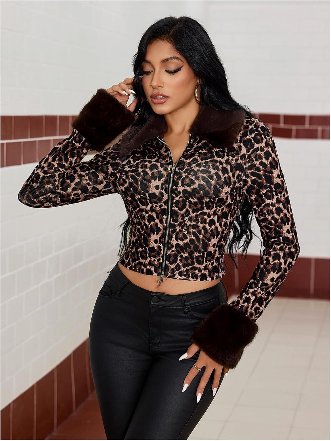 imageMilumia Womens Leopard Print Y2k Crop Jacket Faux Fur Trim Jackets Coat Outwear ClubwearCoffee Brown