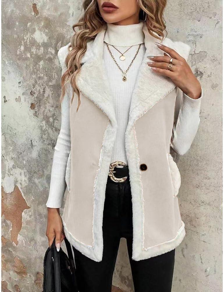 imageMywinway Sherpa Vest Womens Fall Winter Faux Fur Suede Leather Vest Jacket Sleeveless Lambswool Fur Warm CoatBeige