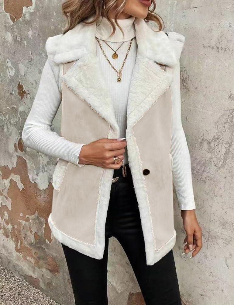 imageMywinway Sherpa Vest Womens Fall Winter Faux Fur Suede Leather Vest Jacket Sleeveless Lambswool Fur Warm CoatBeige