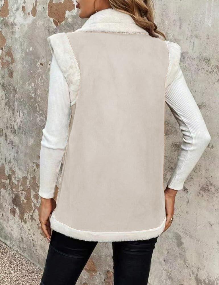 imageMywinway Sherpa Vest Womens Fall Winter Faux Fur Suede Leather Vest Jacket Sleeveless Lambswool Fur Warm CoatBeige