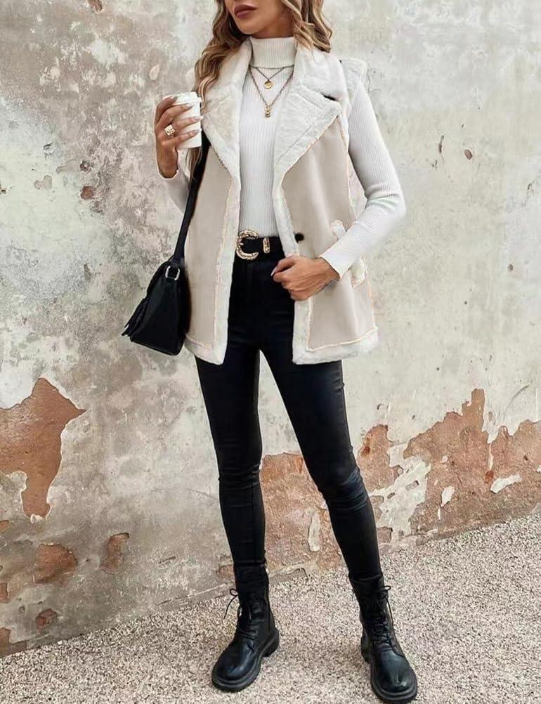 imageMywinway Sherpa Vest Womens Fall Winter Faux Fur Suede Leather Vest Jacket Sleeveless Lambswool Fur Warm CoatBeige