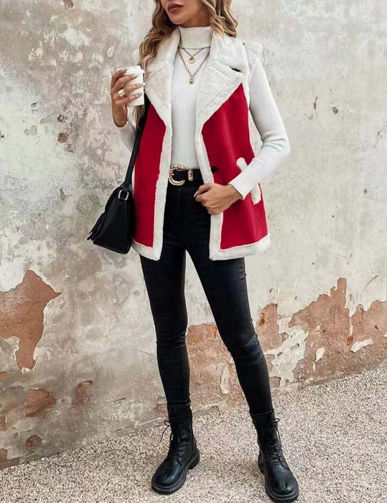imageMywinway Sherpa Vest Womens Fall Winter Faux Fur Suede Leather Vest Jacket Sleeveless Lambswool Fur Warm CoatMaple Red