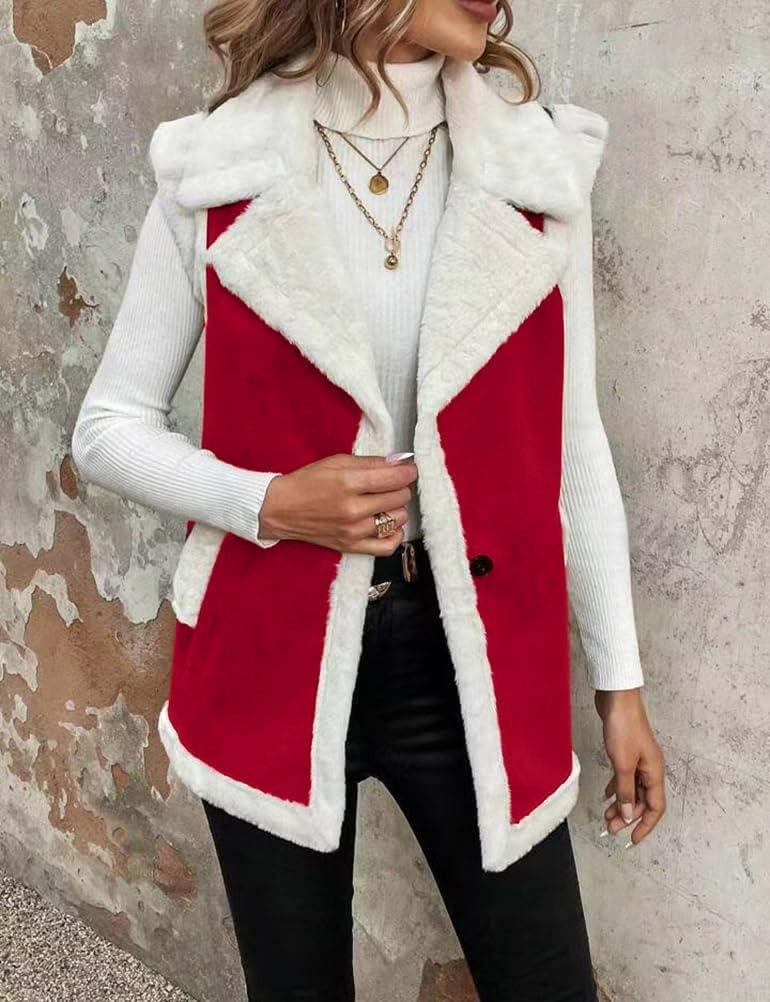 imageMywinway Sherpa Vest Womens Fall Winter Faux Fur Suede Leather Vest Jacket Sleeveless Lambswool Fur Warm CoatMaple Red