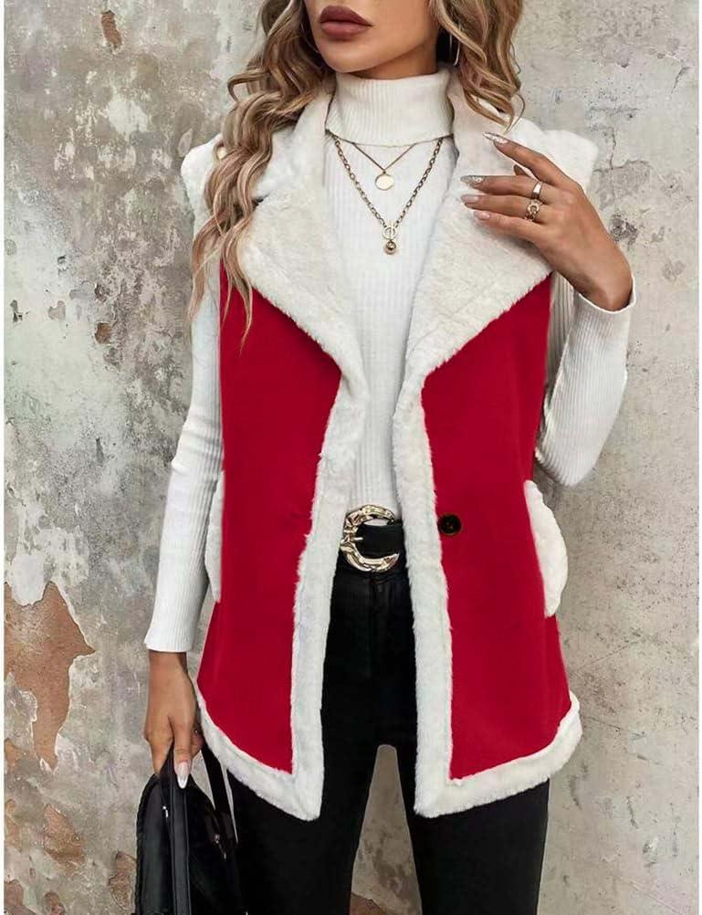 imageMywinway Sherpa Vest Womens Fall Winter Faux Fur Suede Leather Vest Jacket Sleeveless Lambswool Fur Warm CoatMaple Red