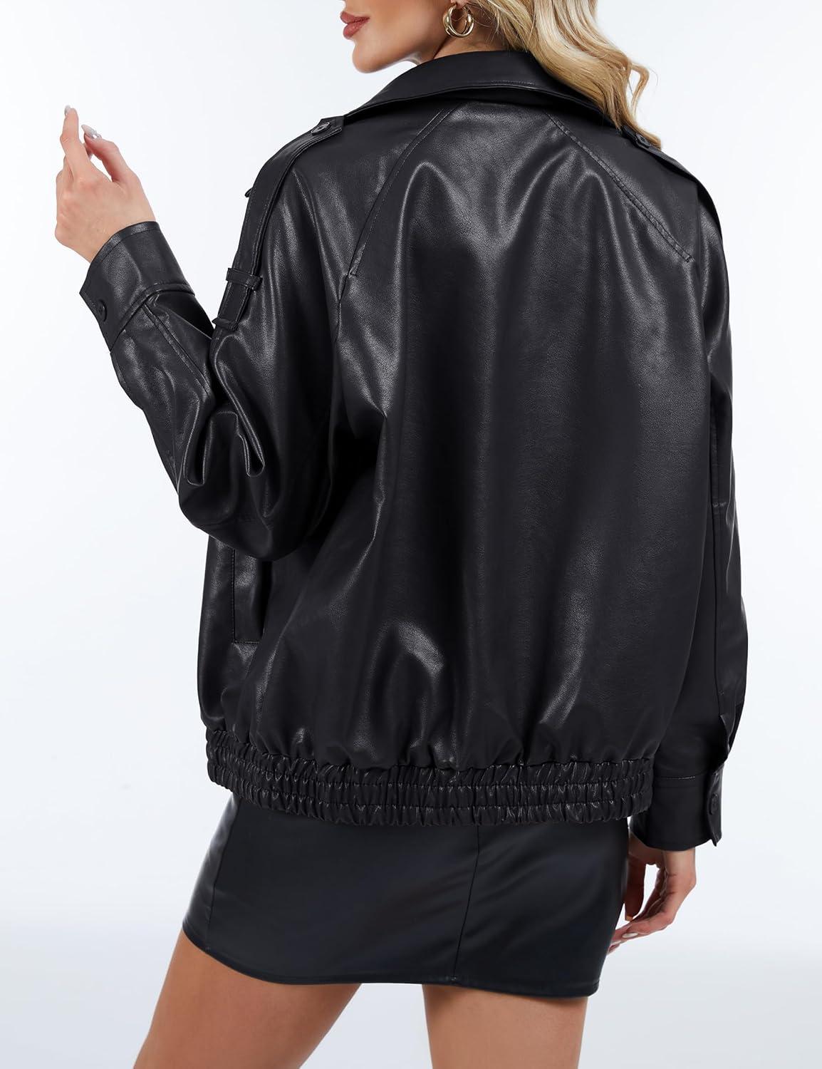 imagePHISOCKAT Faux Leather Jacket Women Oversized Motorcycle Leather Jackets Trendy Zip Up Fall Bomber Jacket 2025 with PocketsBlack