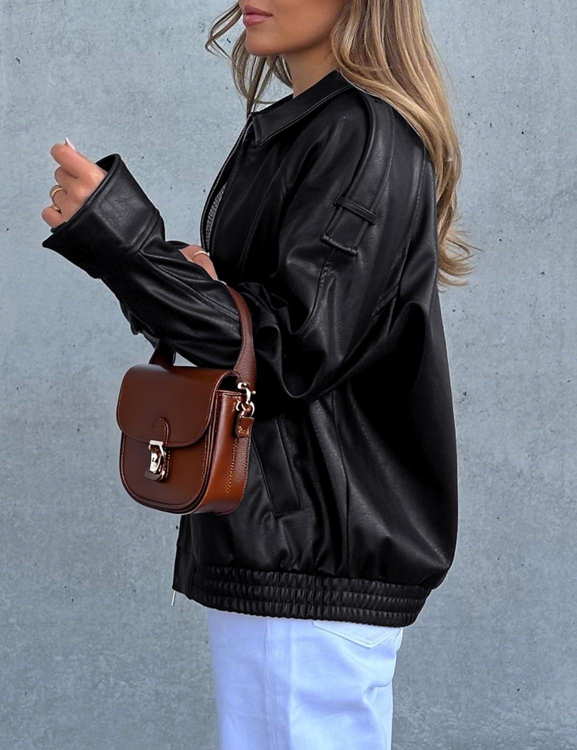 imagePHISOCKAT Faux Leather Jacket Women Oversized Motorcycle Leather Jackets Trendy Zip Up Fall Bomber Jacket 2025 with PocketsBlack