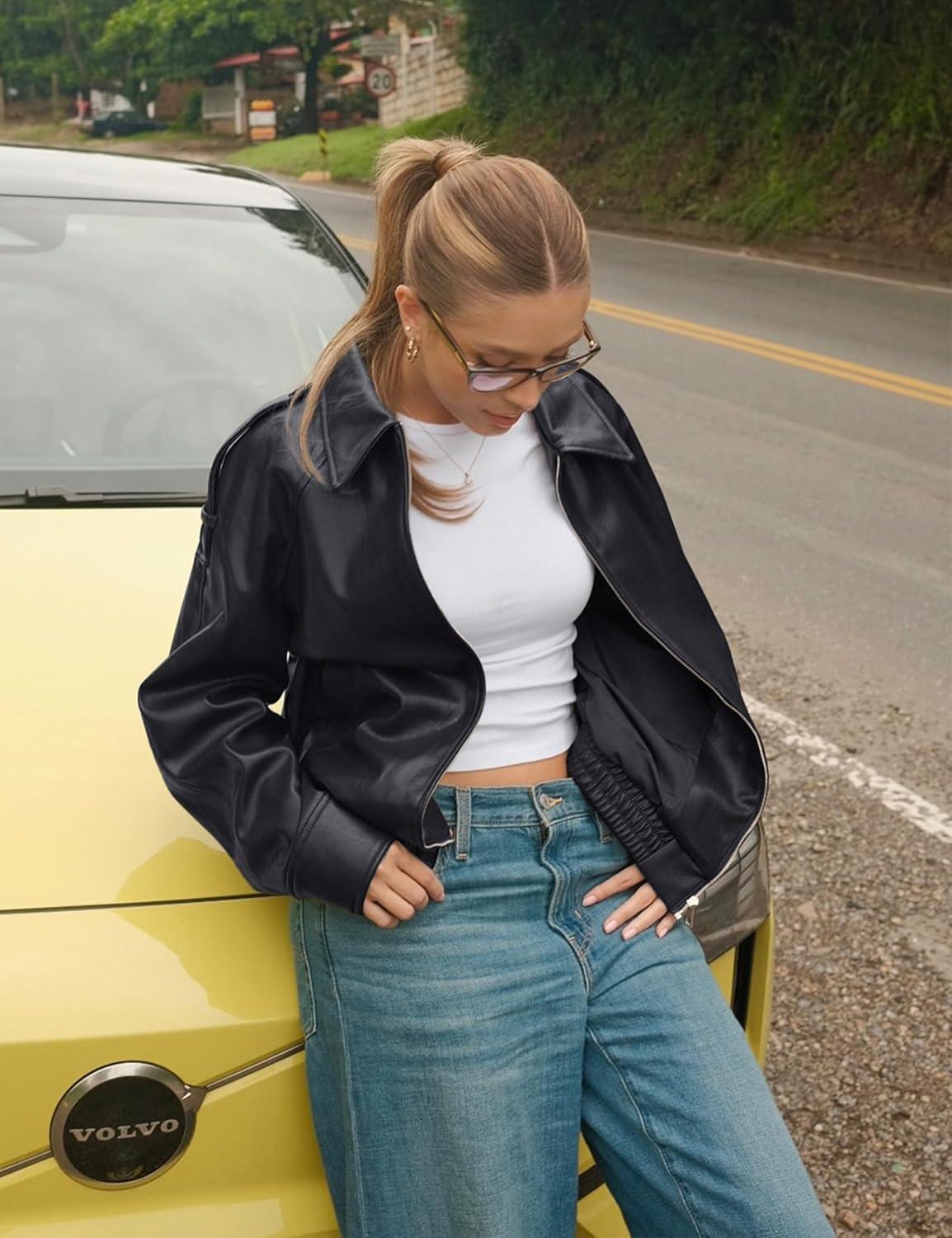imagePHISOCKAT Faux Leather Jacket Women Oversized Motorcycle Leather Jackets Trendy Zip Up Fall Bomber Jacket 2025 with PocketsBlack