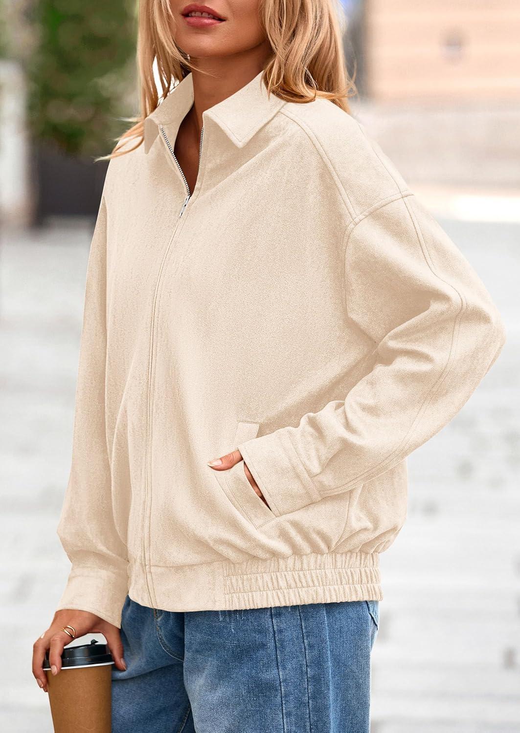 imagePRETTYGARDEN Faux Suede Bomber Jacket Women Fall Fashion 2026 Casual Zip Up Oversized Trendy Winter Clothing Outerwear CoatsBeige