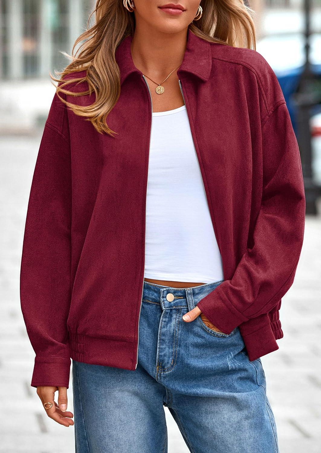 imagePRETTYGARDEN Faux Suede Bomber Jacket Women Fall Fashion 2026 Casual Zip Up Oversized Trendy Winter Clothing Outerwear CoatsBurgundy