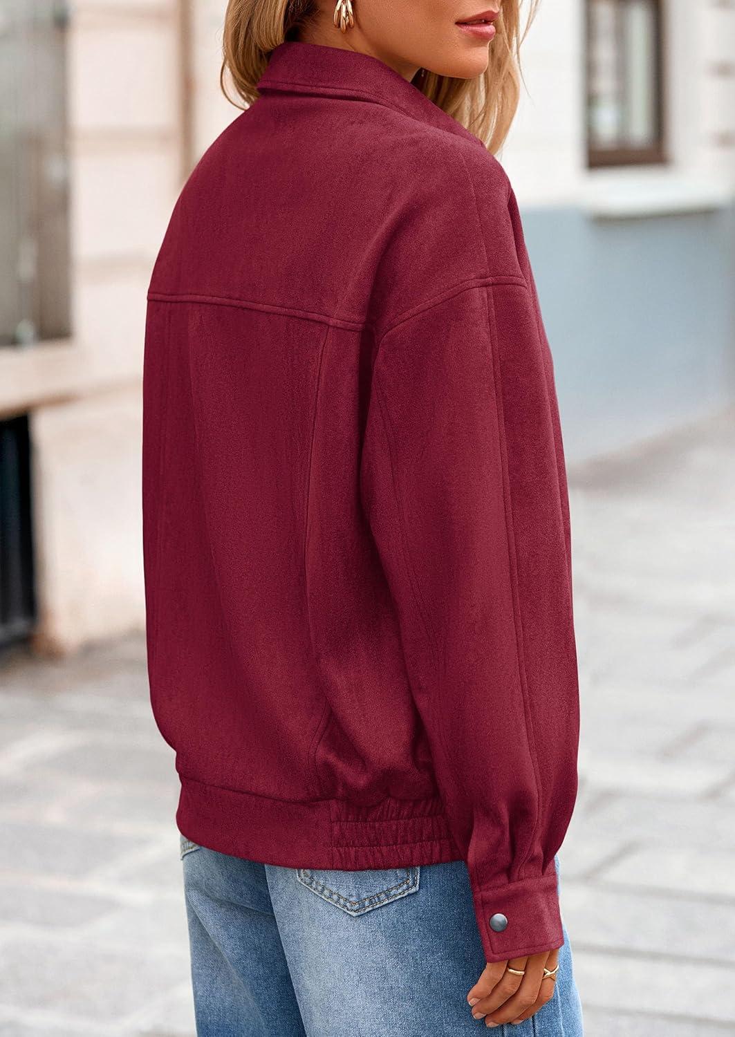 imagePRETTYGARDEN Faux Suede Bomber Jacket Women Fall Fashion 2026 Casual Zip Up Oversized Trendy Winter Clothing Outerwear CoatsBurgundy