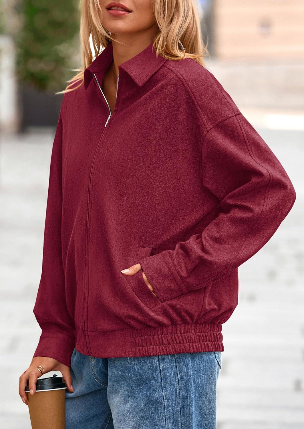 imagePRETTYGARDEN Faux Suede Bomber Jacket Women Fall Fashion 2026 Casual Zip Up Oversized Trendy Winter Clothing Outerwear CoatsBurgundy
