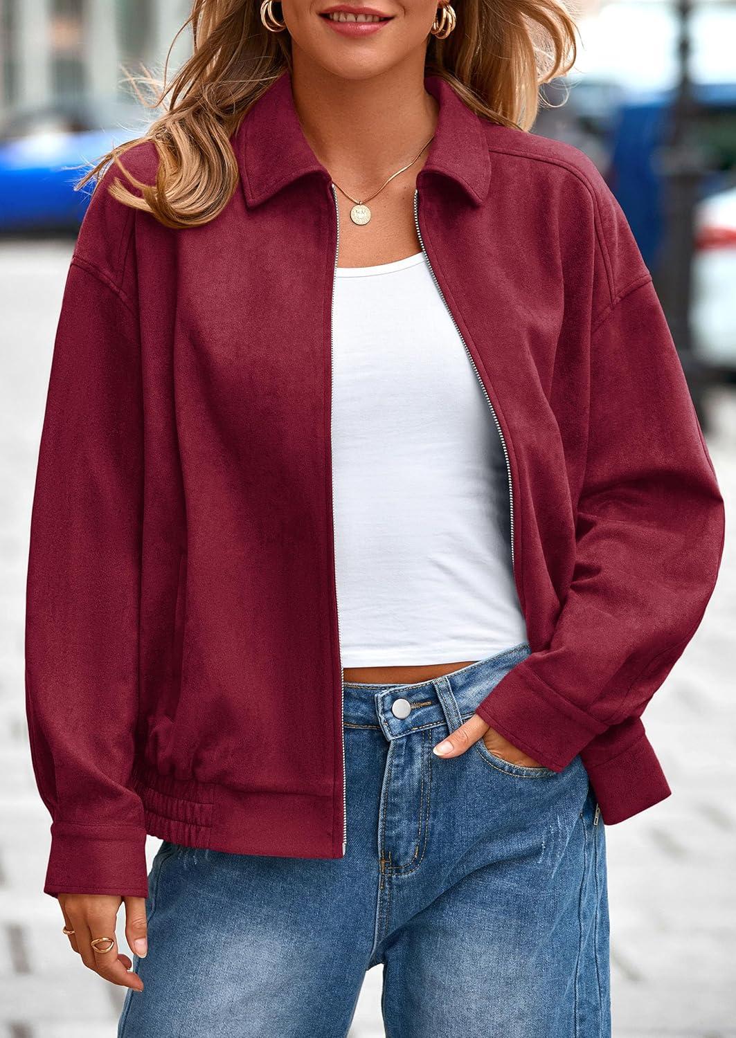imagePRETTYGARDEN Faux Suede Bomber Jacket Women Fall Fashion 2026 Casual Zip Up Oversized Trendy Winter Clothing Outerwear CoatsBurgundy