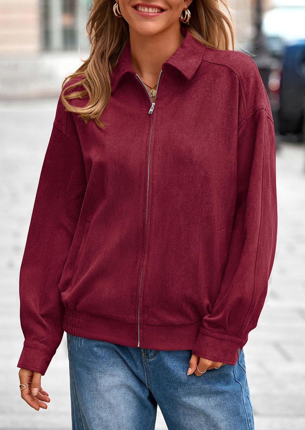 imagePRETTYGARDEN Faux Suede Bomber Jacket Women Fall Fashion 2026 Casual Zip Up Oversized Trendy Winter Clothing Outerwear CoatsBurgundy
