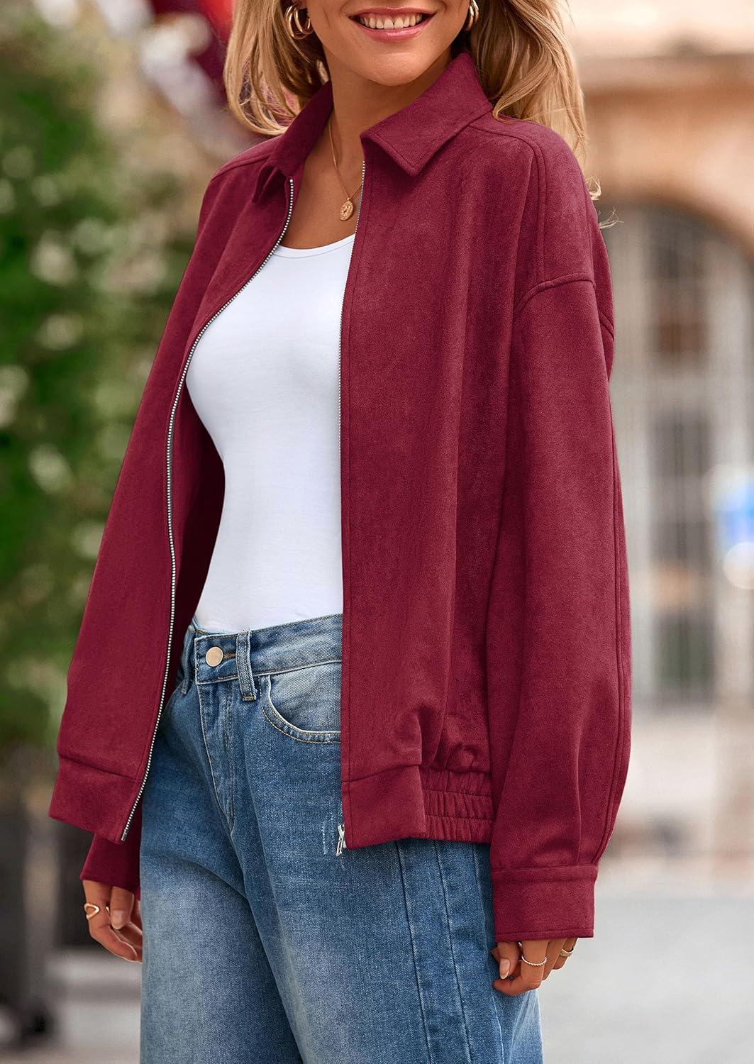 imagePRETTYGARDEN Faux Suede Bomber Jacket Women Fall Fashion 2026 Casual Zip Up Oversized Trendy Winter Clothing Outerwear CoatsBurgundy