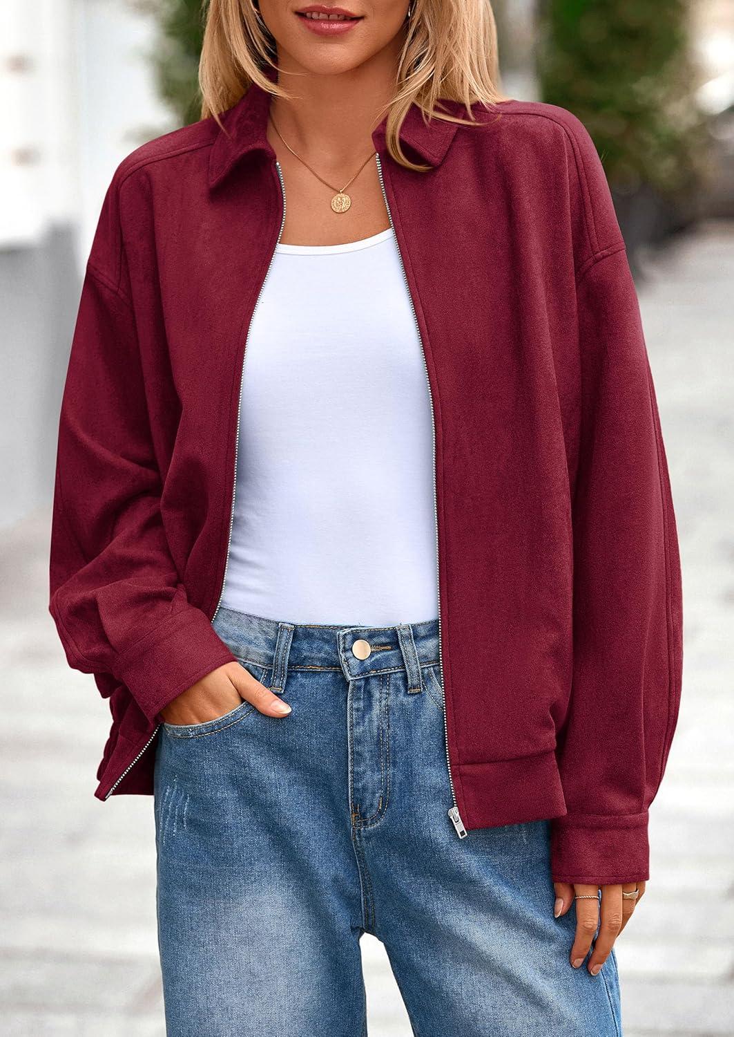 imagePRETTYGARDEN Faux Suede Bomber Jacket Women Fall Fashion 2026 Casual Zip Up Oversized Trendy Winter Clothing Outerwear CoatsBurgundy