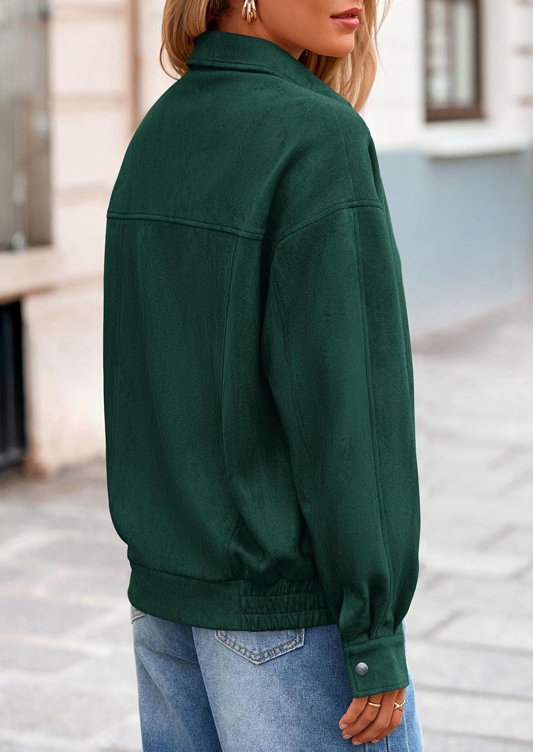 imagePRETTYGARDEN Faux Suede Bomber Jacket Women Fall Fashion 2026 Casual Zip Up Oversized Trendy Winter Clothing Outerwear CoatsDark Green