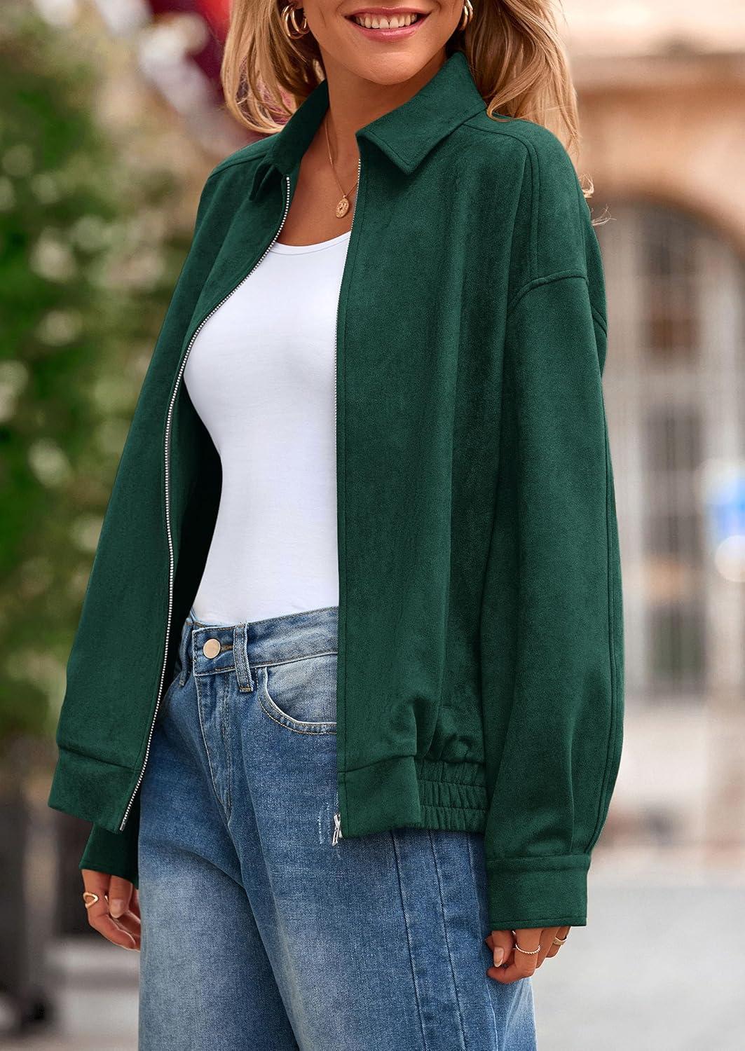 imagePRETTYGARDEN Faux Suede Bomber Jacket Women Fall Fashion 2026 Casual Zip Up Oversized Trendy Winter Clothing Outerwear CoatsDark Green