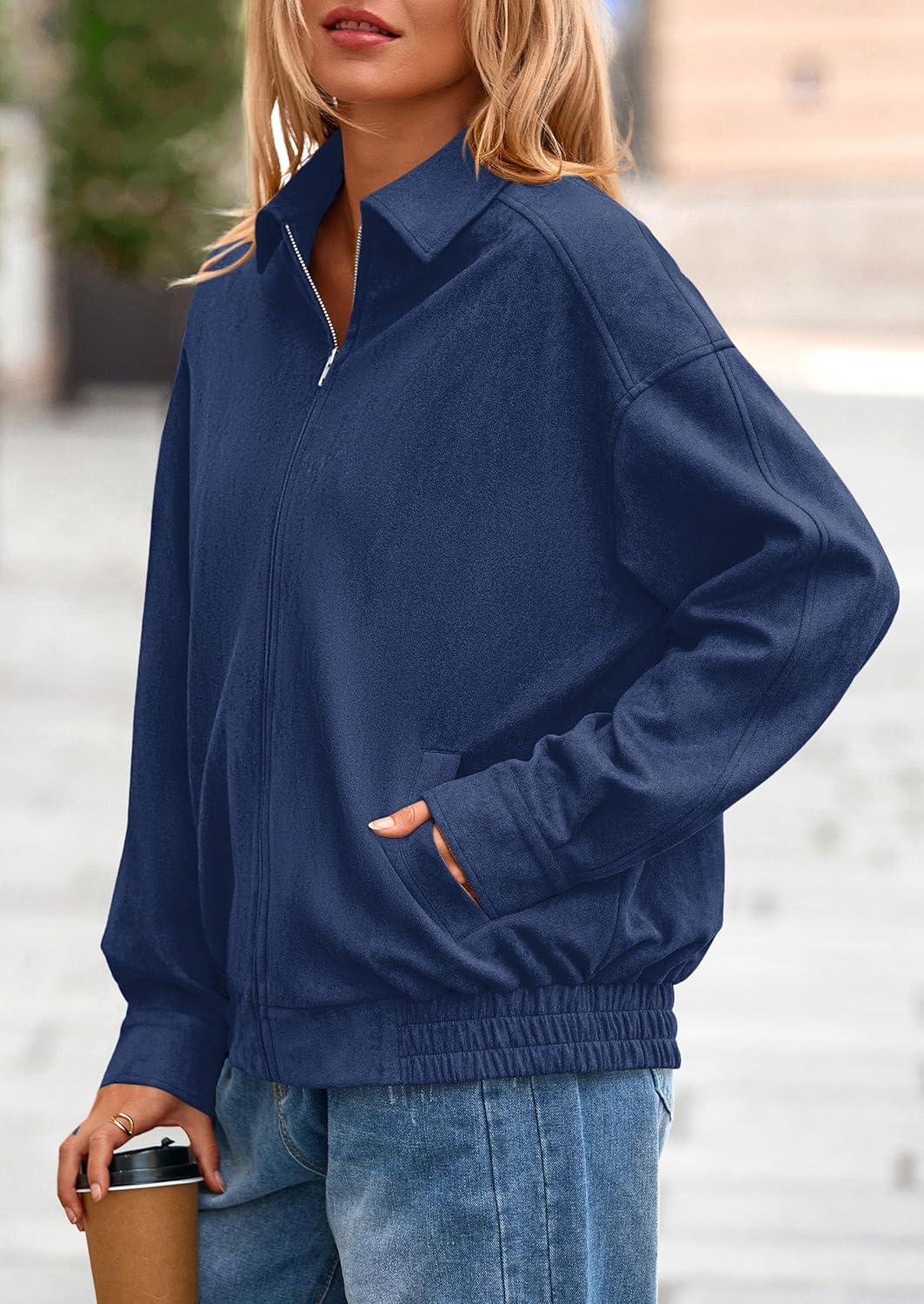 imagePRETTYGARDEN Faux Suede Bomber Jacket Women Fall Fashion 2026 Casual Zip Up Oversized Trendy Winter Clothing Outerwear CoatsNavy Blue
