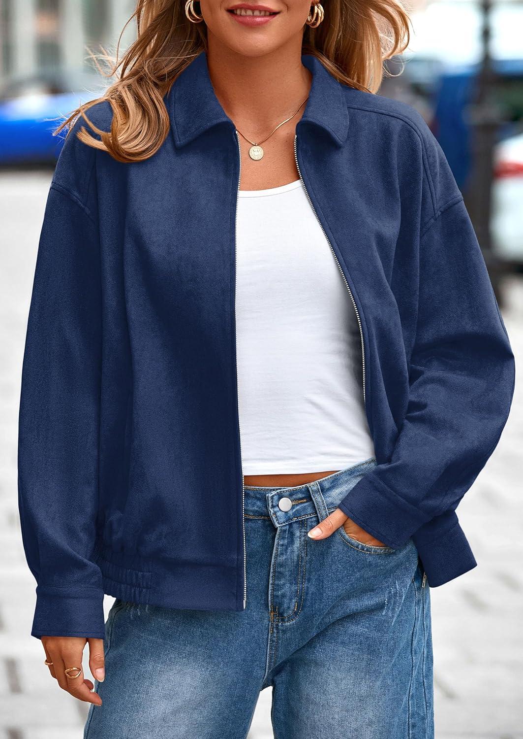 imagePRETTYGARDEN Faux Suede Bomber Jacket Women Fall Fashion 2026 Casual Zip Up Oversized Trendy Winter Clothing Outerwear CoatsNavy Blue
