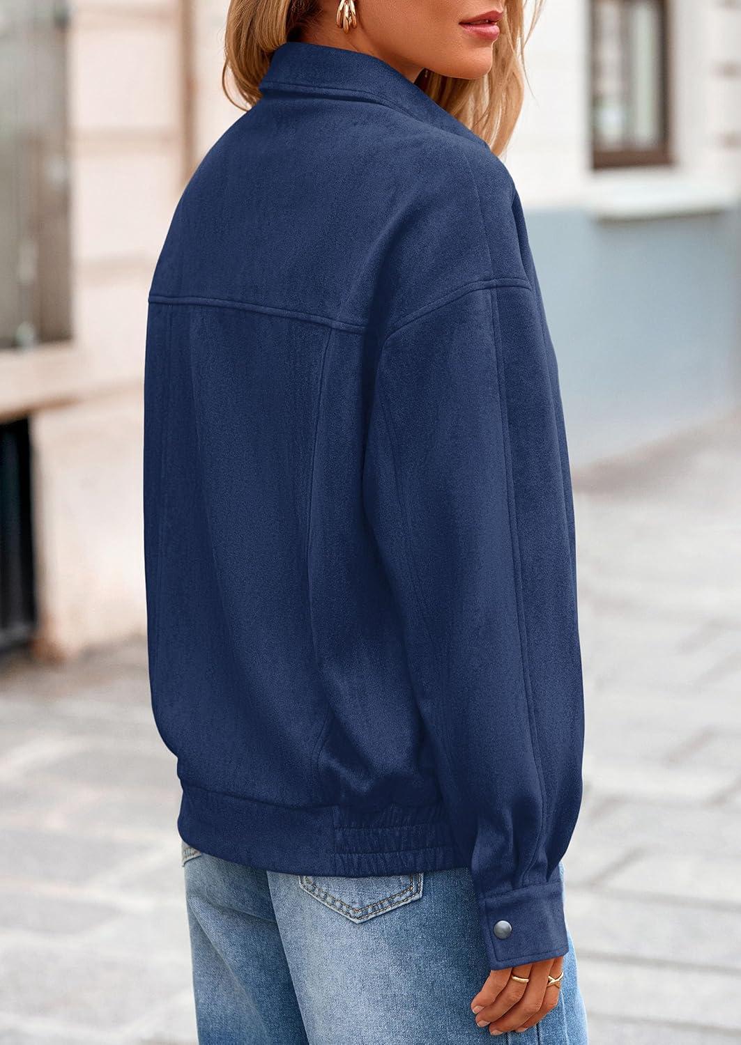 imagePRETTYGARDEN Faux Suede Bomber Jacket Women Fall Fashion 2026 Casual Zip Up Oversized Trendy Winter Clothing Outerwear CoatsNavy Blue
