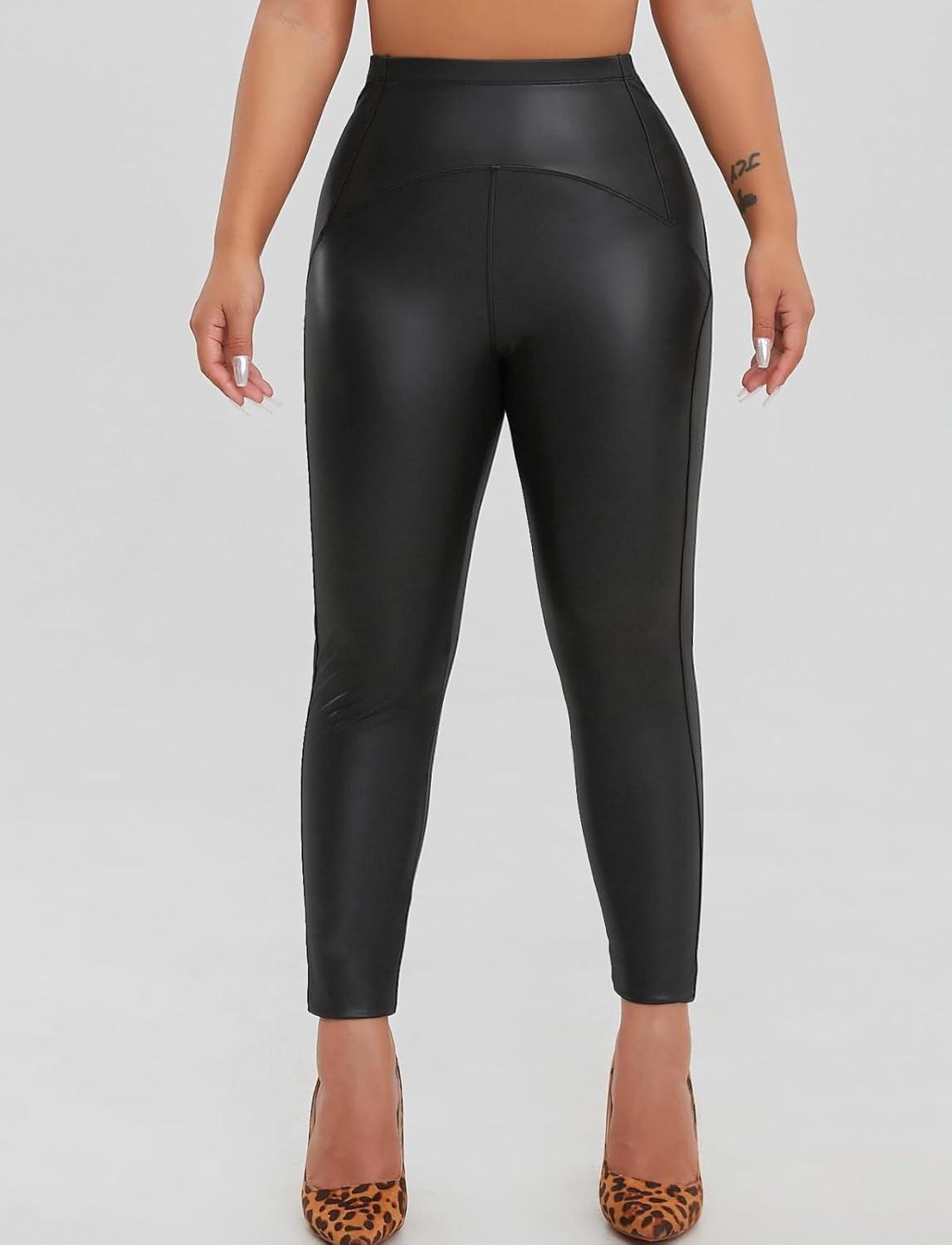 imageSEASUM Faux Leather Leggings for Women Stretchy High Waisted Butt Lifting Black Pleather Pants Outfit Sexy PU Leggings Tights17 Curved Spliceblack