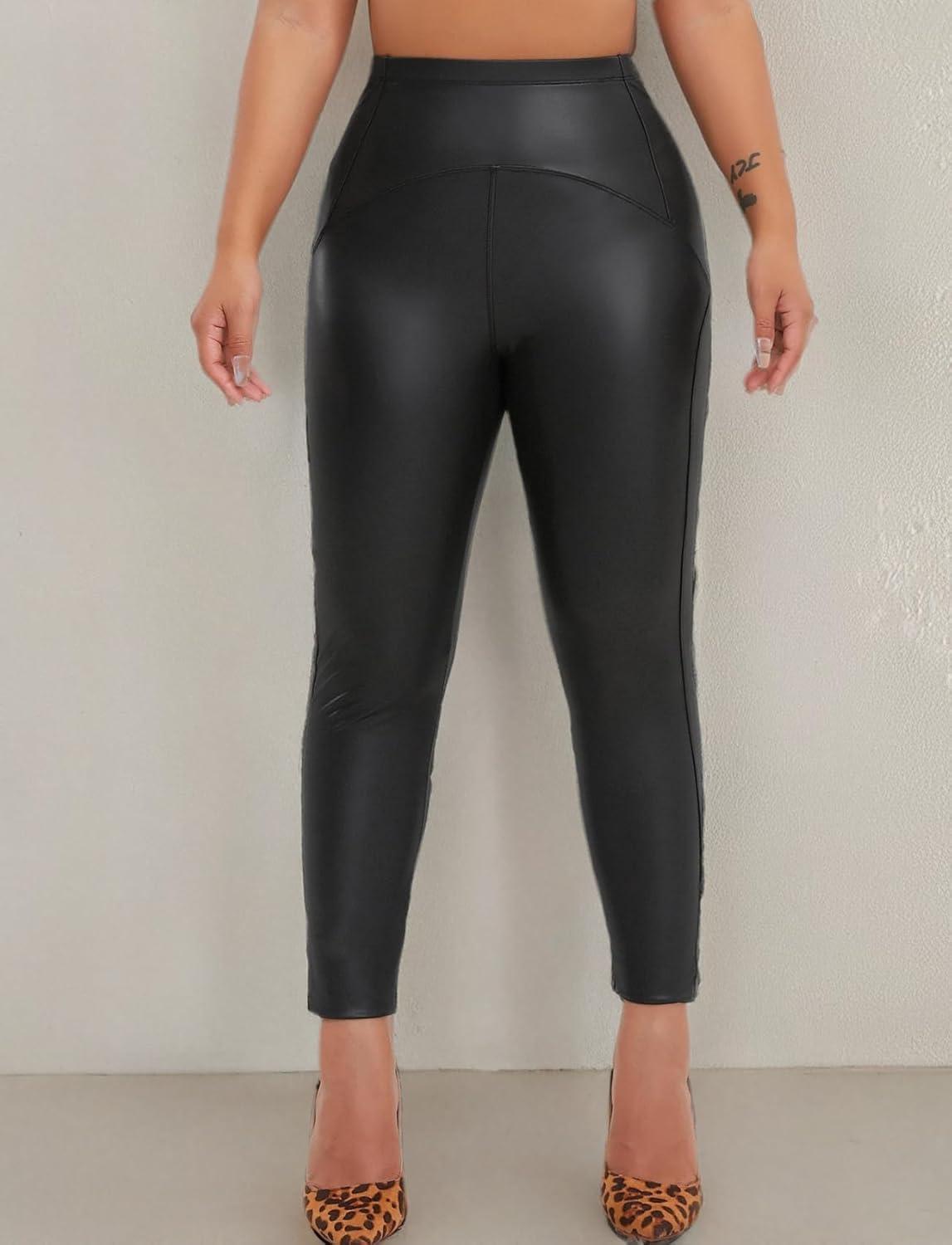imageSEASUM Faux Leather Leggings for Women Stretchy High Waisted Butt Lifting Black Pleather Pants Outfit Sexy PU Leggings Tights17 Curved Spliceblack